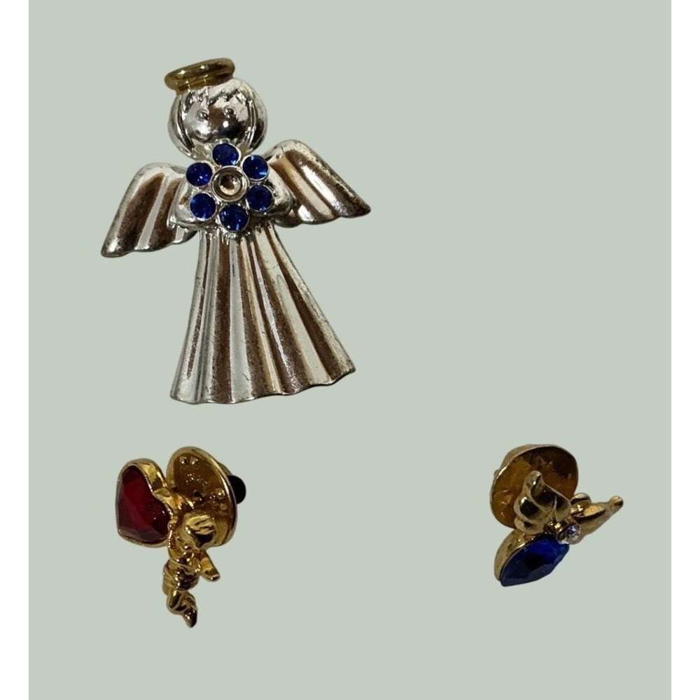 Avon Vintage Angel Brooch & Cherub Pin Set Silver Gold Tone Rhinestone 3pc
